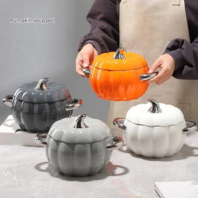 Pumpkin Ceramic Dessert Bowl Multifunction Binaural Soup Pot with Lid Fruit Dish Kitchen Halloween Decorations Tableware Bowl