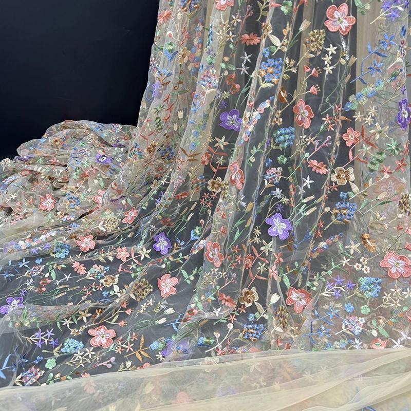 Color 3D Floral Embroidered Lace Tulle Mesh Fabric for Dress Diy Craft Wedding Dress Curtain Sewing Patchwork Clothing Material