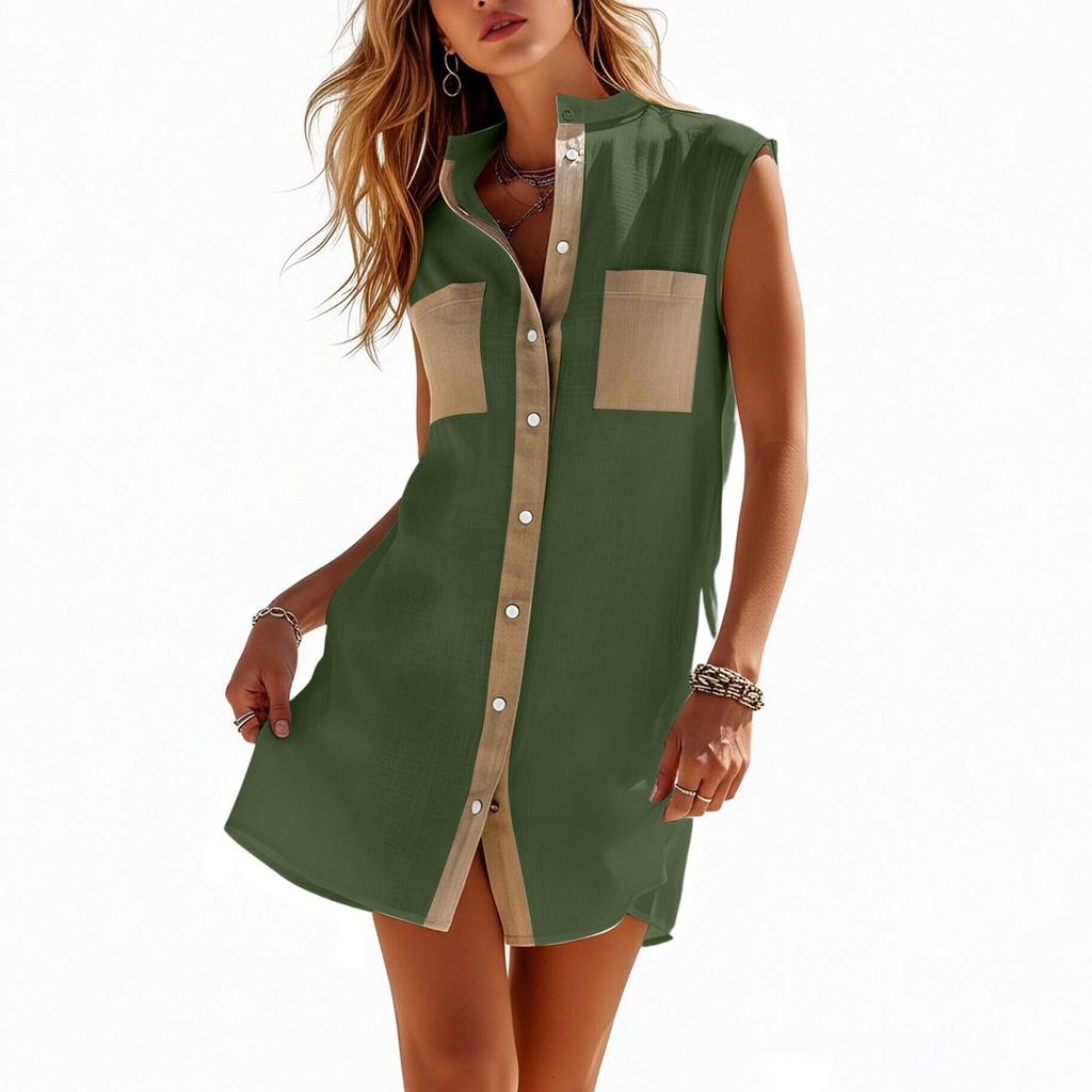 Sleeveless V Neck Shirt Dress Button Down Front Casual Loose Fit Mini Dress with Chest Pockets and Contrast Trim for Women