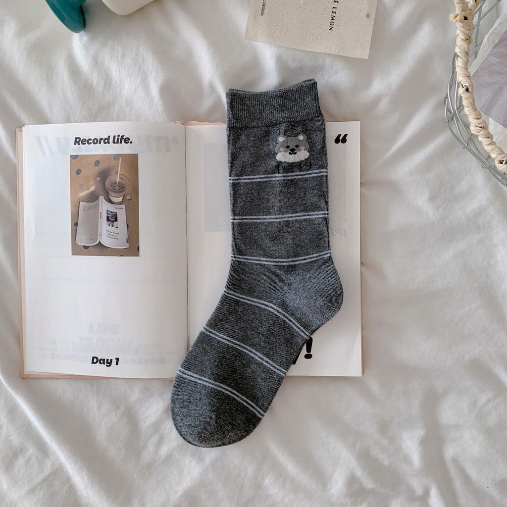 Puppy Embroidery Gray-Blue Socks Medium Tube Socks Versatile Cotton Socks Boneless Cartoon Cute Pile Socks