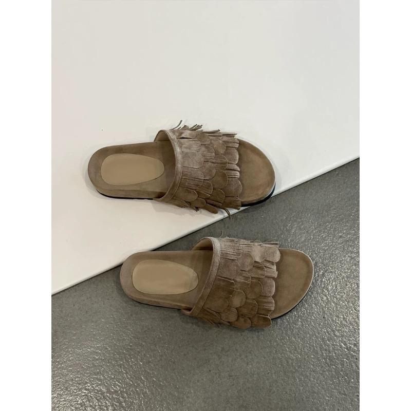 Sheepskin version~ Retro niche fringed round head thick-soled one-word slippers for women to wear summer open-toed cool slippers 35 темно-коричневого