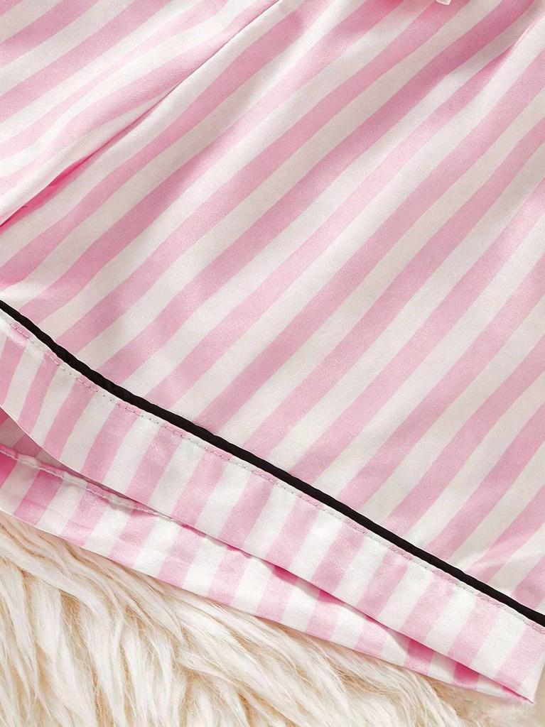 Girls Pink Striped Pajama Set, Short Sleeve Button-Down Sleepwear with Bow, Soft Loungewear for Kids 8-13 Years
