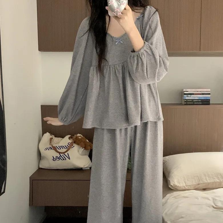 Girls' Sweet and Cute Lace Pajamas, Women's Spring and Autumn Bow Long-sleeved Trousers, Home Service, Can Be Worn Outside