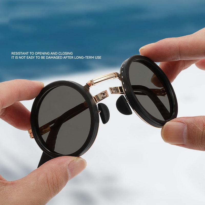 SHAUNA Full-folding Light-reducing Metal Punk ND9-level Adjustable Dimming Round Polarized Sunglasses UV400 With Case
