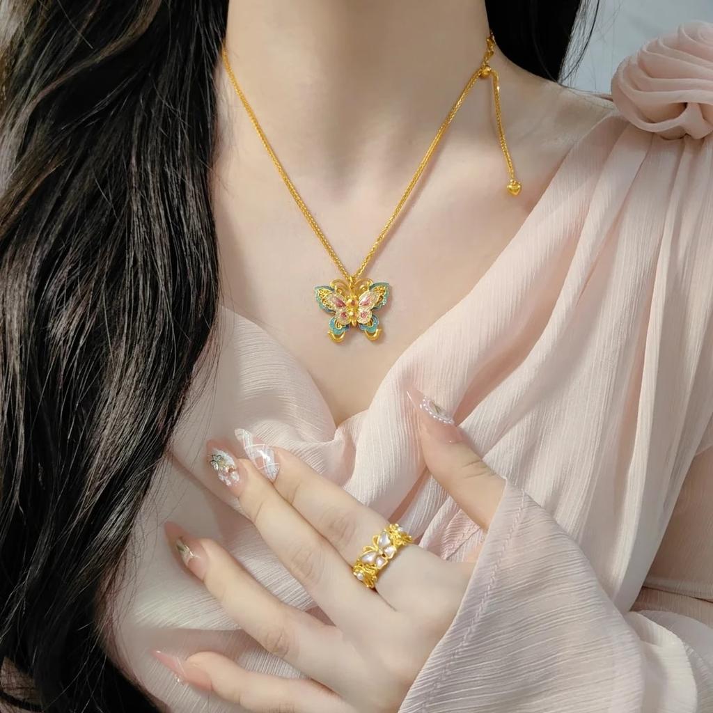 Zhuang Zhou's Dream Butterfly Thread Enamel Colored Vein Flower Butterfly Necklace Women's Burnt Blue Butterfly Clavicle Chain