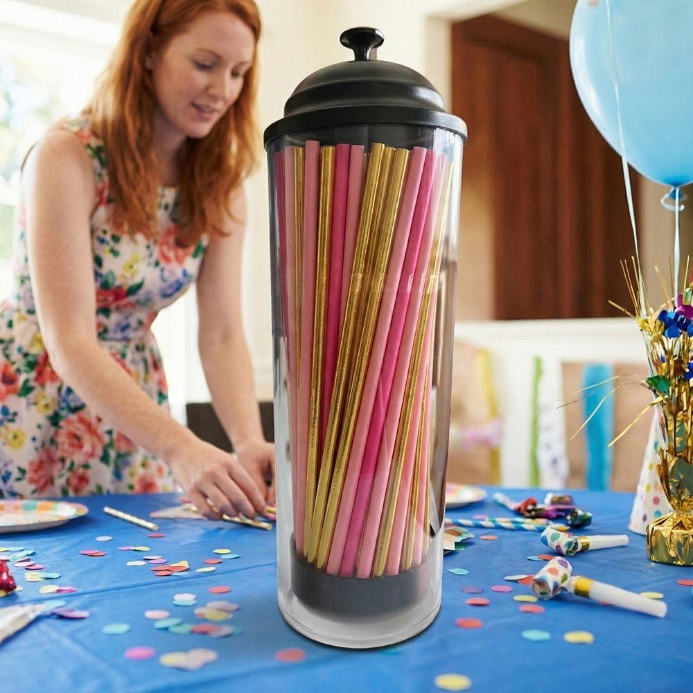 Large Capacity Drinking Straw Holder Plastic Clear Drinking Straw Dispenser with Lid Drinking Straw Organizer Dining Room