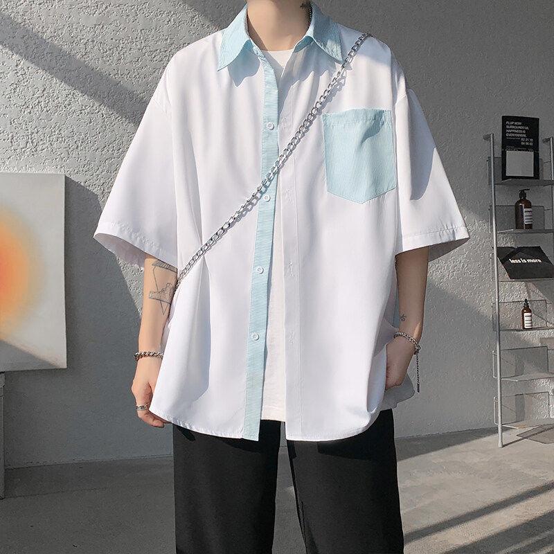 Contrasting Colors Striped Shirts Men's Clothing Stylish Patchwork Summer Turn-down Collar Loose All-match Short Sleeve Shirts