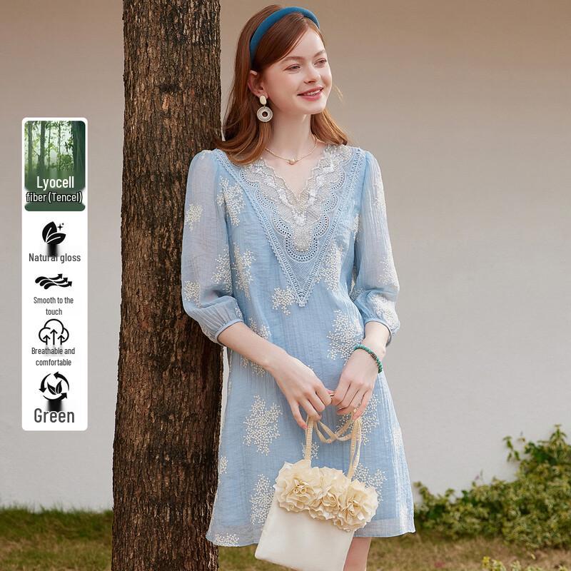 V-Neck Embroidered Lyocell Blend Mid-Length Dress L