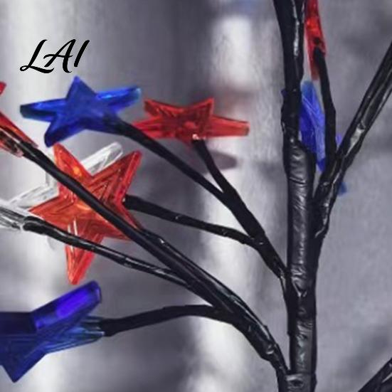 Independence Day Yard Decorations 4th of July Solar Garden Lights Red White Blue Star Outdoor Summer Party Lighting String Waterproof Flexible