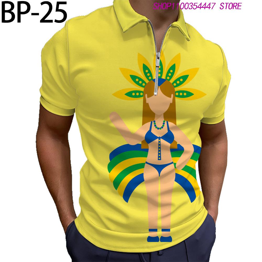 Brazil Flag Print Short Sleeve Zip Polo Shirt, Casual Wear