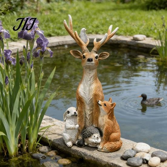 Lebensechte Harz-Wildtierstatuen Waldhirsch Kleintierstatue, Elchfigur mit Kaninchen Igel Fuchs Figuren Igel, Wasserdicht für Außenbereich