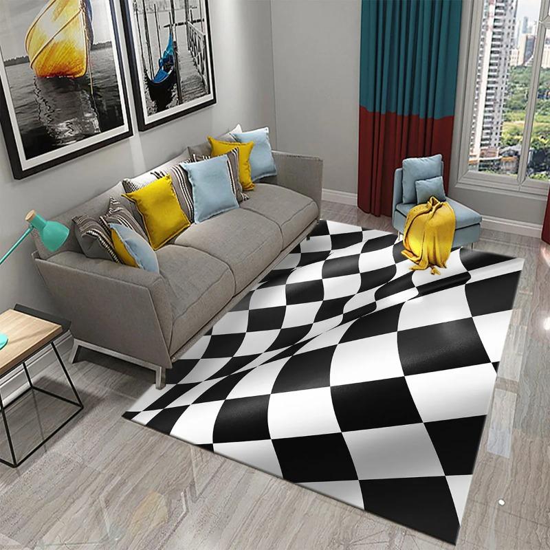 Modern Wave Checkerboard Rugs Black White Red Colors Distorted Pattern for Contemporary Living Room Decor