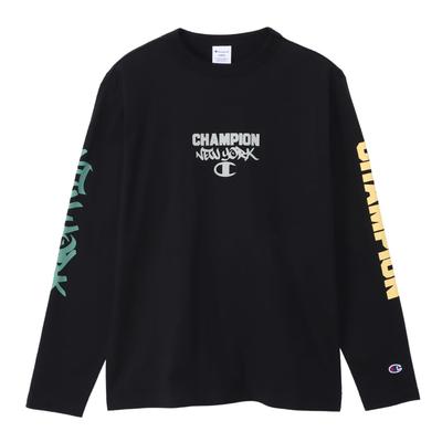 Champion Long Sleeve Crew Graphic Logo Print Men's T-Shirt, Basic, C3-Z411, Black, 100% Cotton, Neck,
