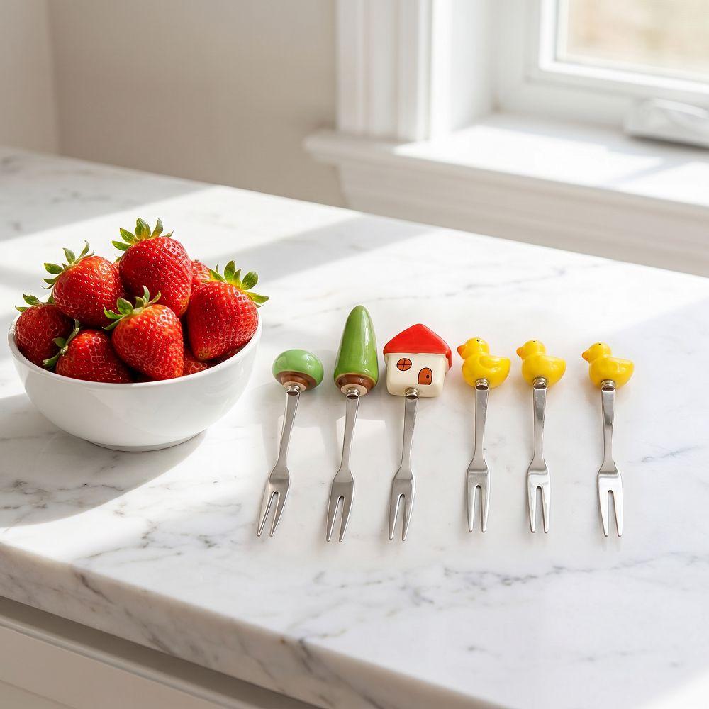 6Pcs Creative Stainless Steel Cake Fork Reusable Cute Fruit Forks Coffee Stirring