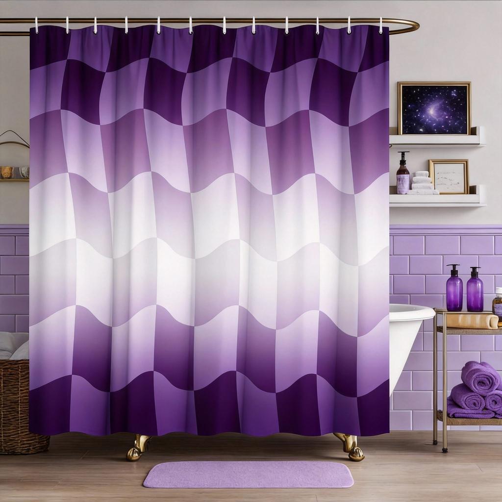 Modern Geometric Shower Curtain Pink and White Wavy Checkered Design Stylish Bath Curtain for Girls’ Room and Contemporary Decor