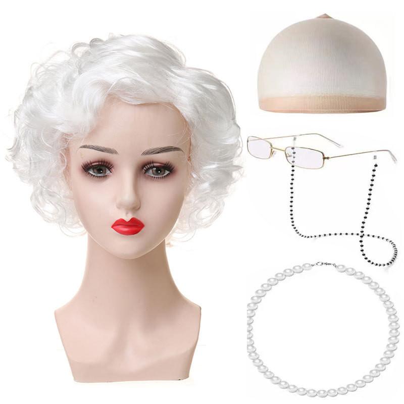 Versatile Short Curly Costume Wig Set For Grandmother Character Halloween Dress Up