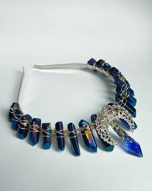 Handmade Blue Crystal Crown Headband for Halloween
