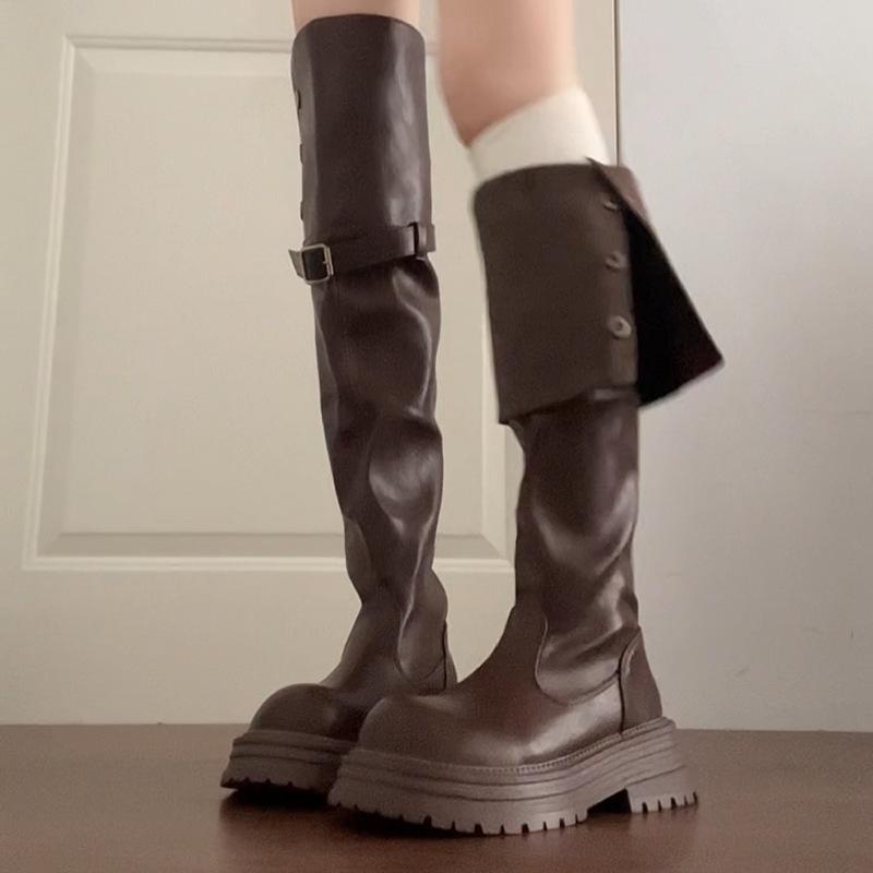 Westernstiefel mit dicker Sohle, dicke Absätze, Overknee-Stiefel, Damen 2025, Herbst und Winter, neue Retro-Mode-Ritterstiefel zum Umklappen