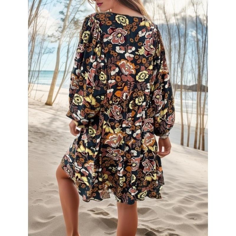 YYFS Women's Fashion Summer Spring Flower Pattern Print Long Sleeve V-Neck Loose Waistline Casual Dresses