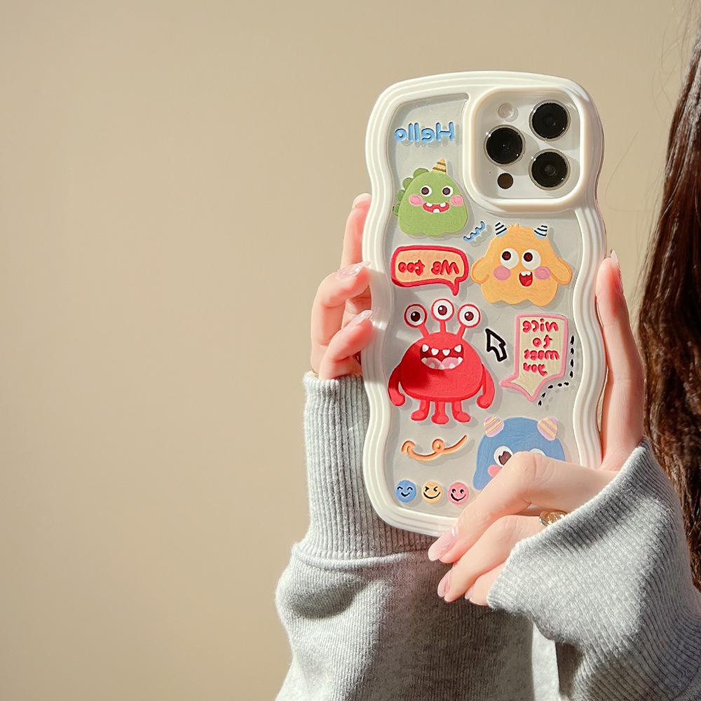 Cute Cartoon Monsters Suitable for IPhone 16 Mobile Phone Case 14Promax Apple 12 Couple 13 Wavy Side Xr