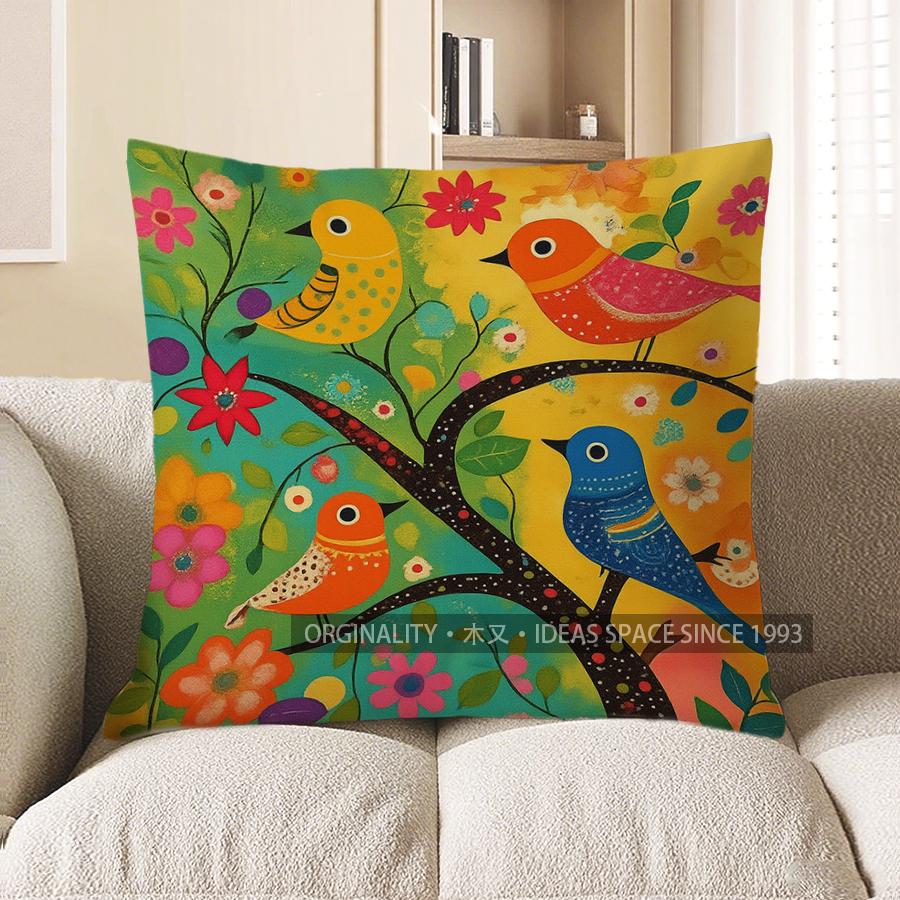 Home Decor Colorful Birds And Flowers Decorative Pattern Cushion Cover Suitable For Sofa Bedroom Car Pillow Cover
