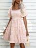 2025 New European and American Style Bubble Sleeve Printing Dress Summer Square Collar Waist Thin Floral Dress Women