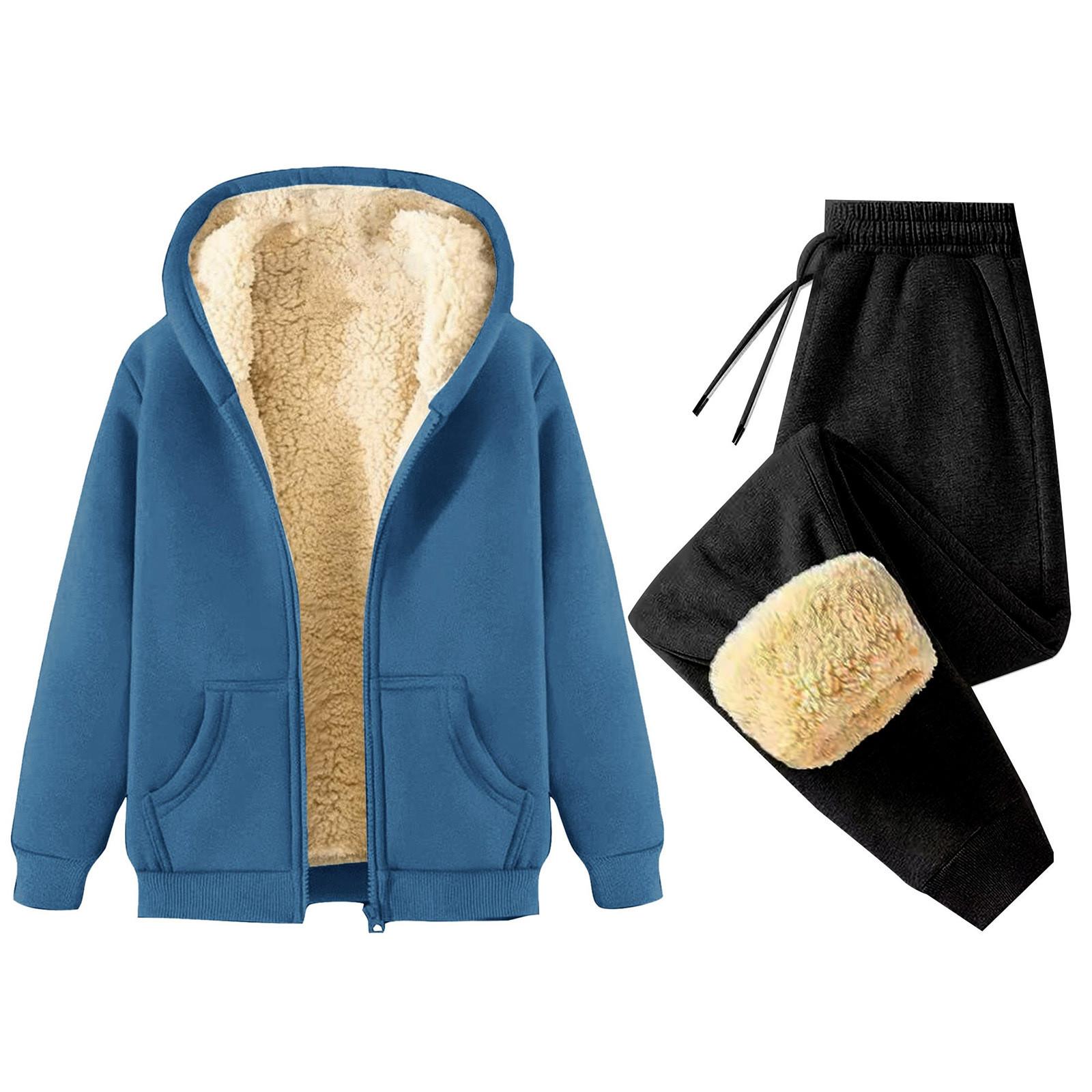 

Женская мода однотонная и зимняя утепленная толстовка с капюшоном на молнии, куртка, спортивные штаны, повседневный комплект из двух предметов XXXL темно-синий