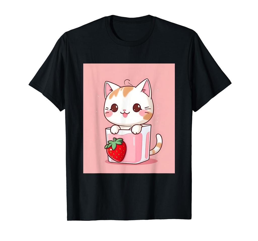 strawberry things printed Kawaii, cat, milk, cute, Japanese, T-shirt