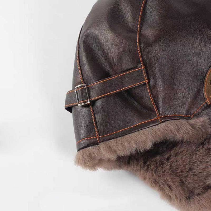 Winter Ushanka Hat Men Women's PU Pilot Aviator Bomber Hat Faux Fur Leather Snow Cap with Ear Flaps Hat