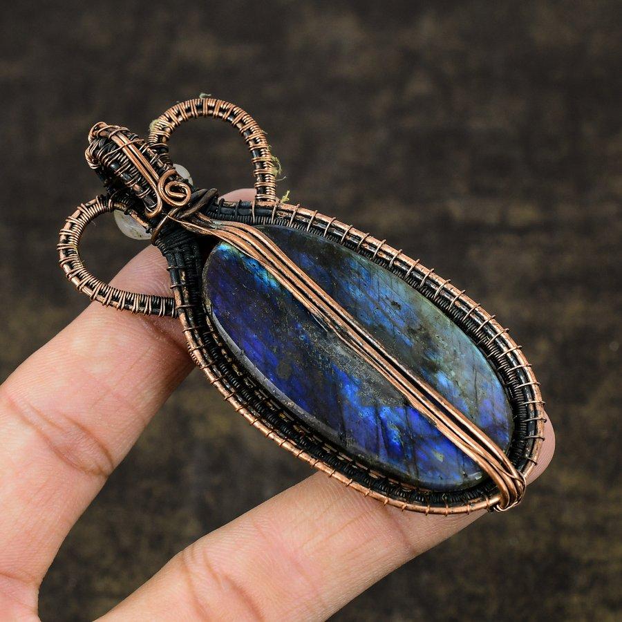 Labradorite, Moonstone Copper Wire Wrap Jewelry Pendant 3.47" M1i51