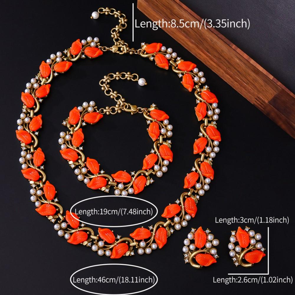 KEQIU Retro Style Leaf Design Elegant Pearl Design Bracelet Earrings Necklace High-end Vintage Jewelry Set