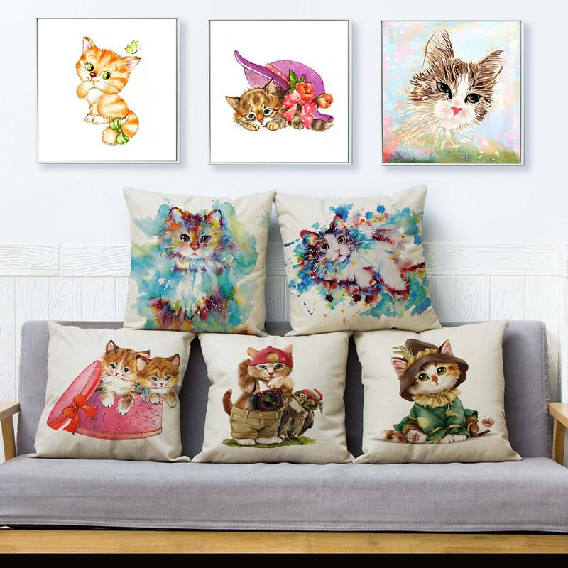 Kaufe Cute Cartoon Watercolor Cat Print Throw Pillow Cover 45*45 Square