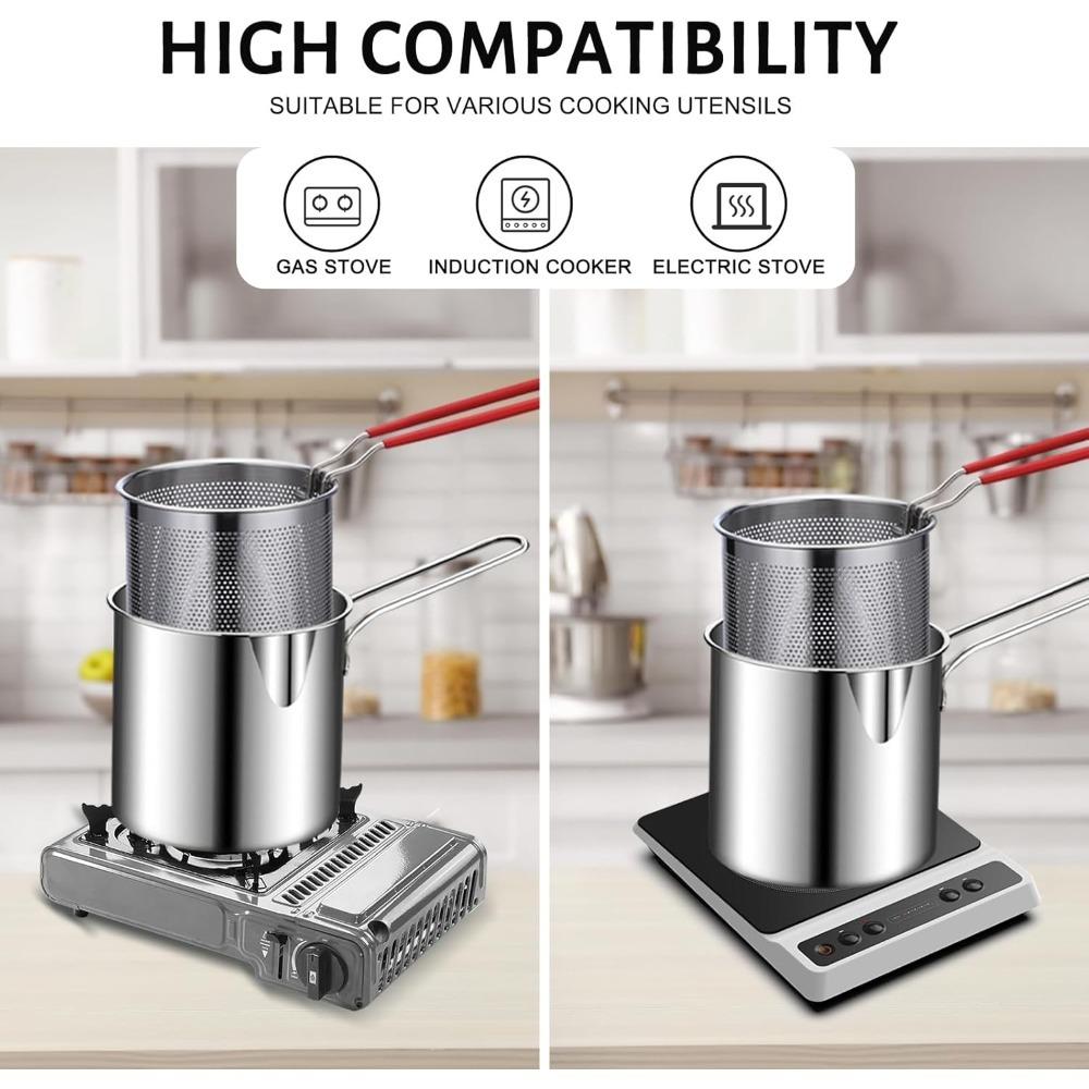 304 Stainless Steel Deep Frying Pan Kitchen Gadgets with Frying Basket and Anti-scalding Handle, Suitable for Frying, Steaming,