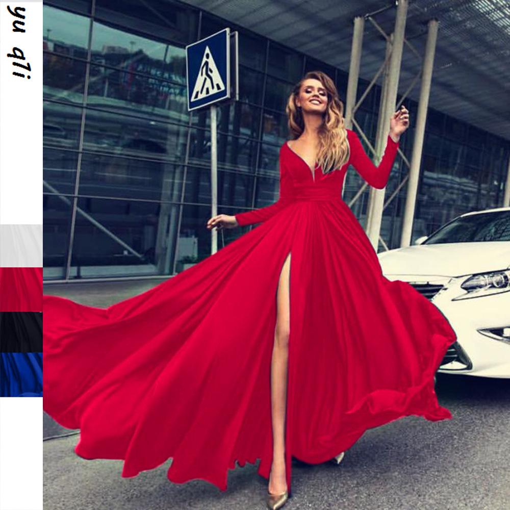 

2025 Hot European & American Deep V Long Sleeve Milk Silk Dress Extra Extra Large