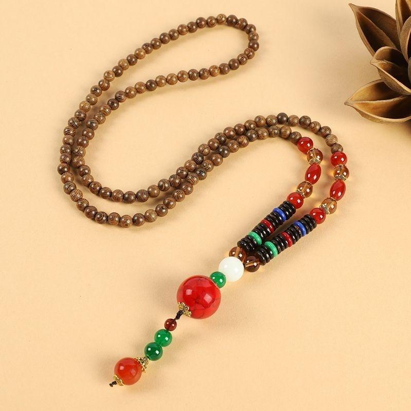 Unisex Retro Ethnic Wooden Necklace Pendant - Versatile Long Sweater Chain and Clothing Accessory