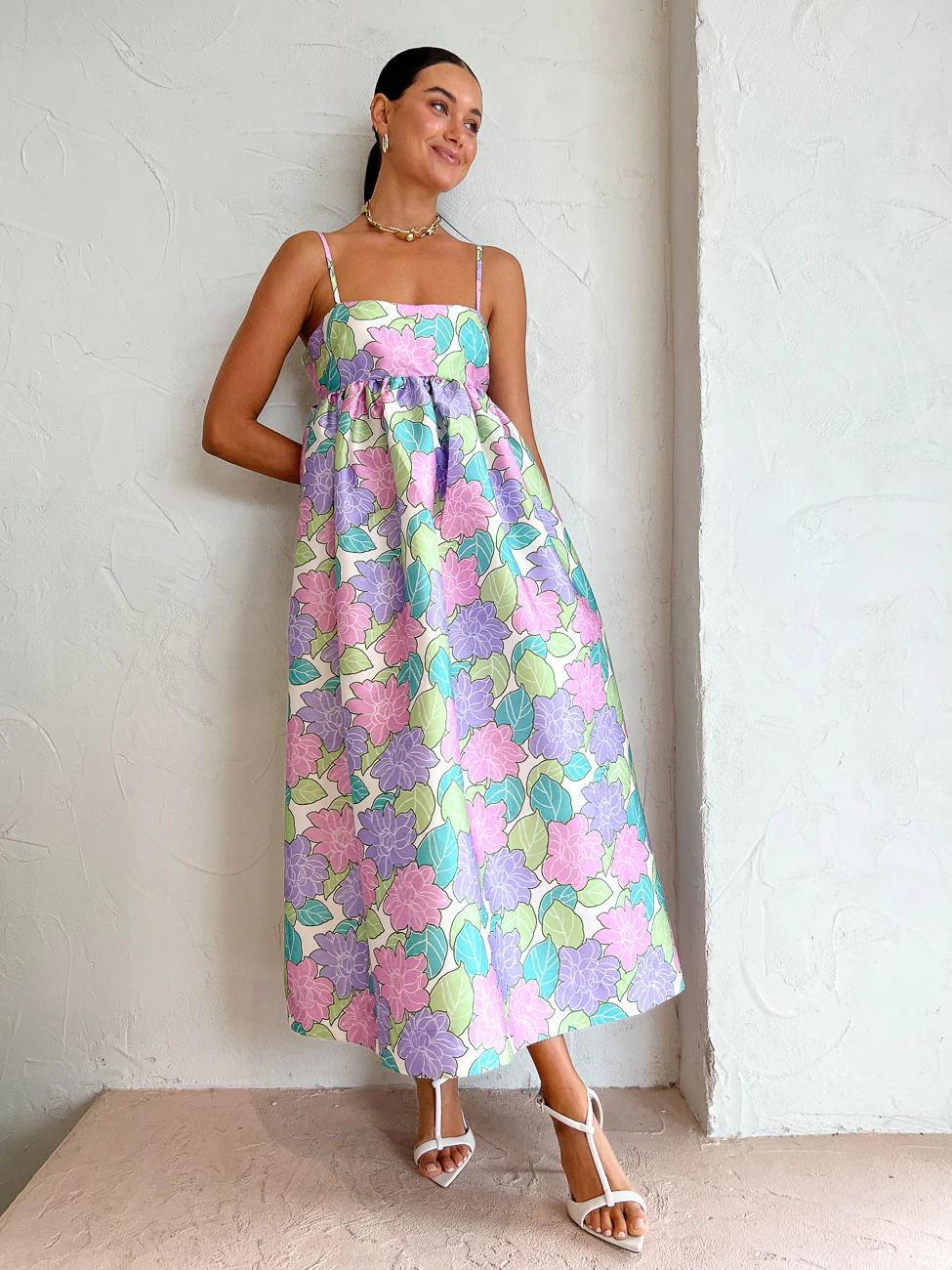 

2025 Европейский и американский повседневный темперамент, платье на бретелях с принтом, свободное, без рукавов, с открытой спиной, с большим подолом XL