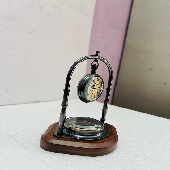 Hanging Brass Desk Clock with Compass