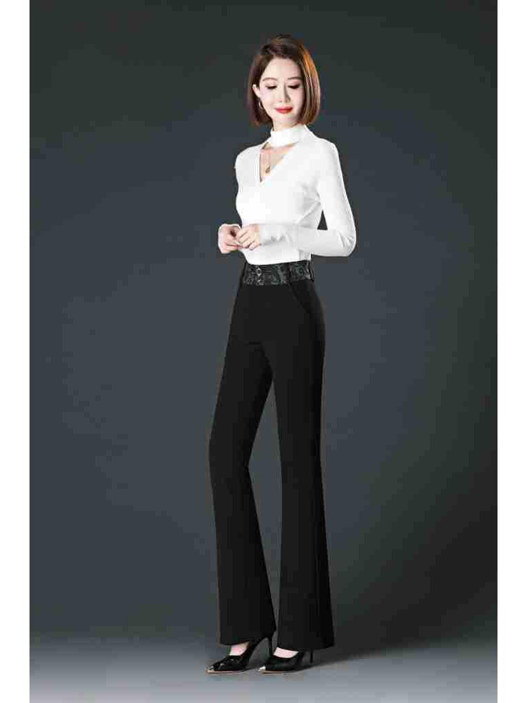 Spring/Autumn Women's High Waist Bell Bottom Knit Pants - Black, Plus Size, Slimming, Fashionable, Loose Fit