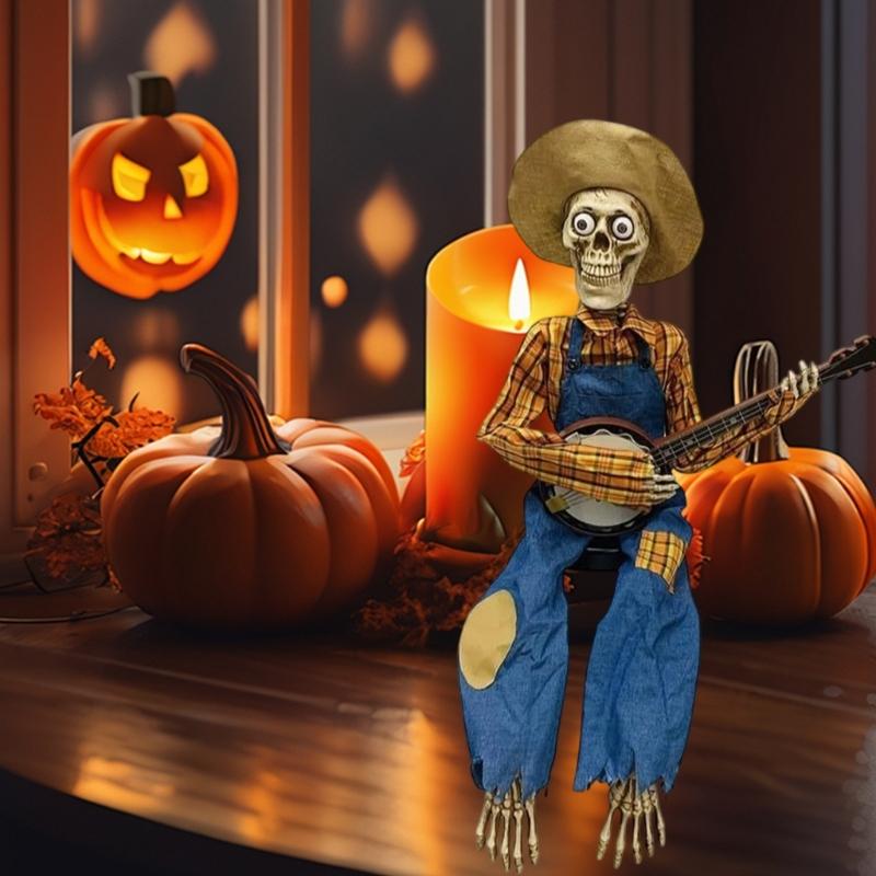 Halloween Banjo Playing Skeletons Decorations Outdoor/Indoor Halloween Party Decors Animated Skull with Light Up eye