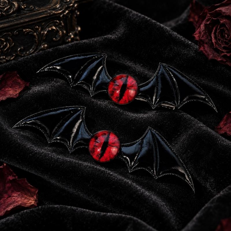 Gothic Hair Clip Set of 2 with Bat Wing Shape and Raised Red Eyeball Decors, Cosplay Barrettes for Theme Party, Stage Show and Party Photo