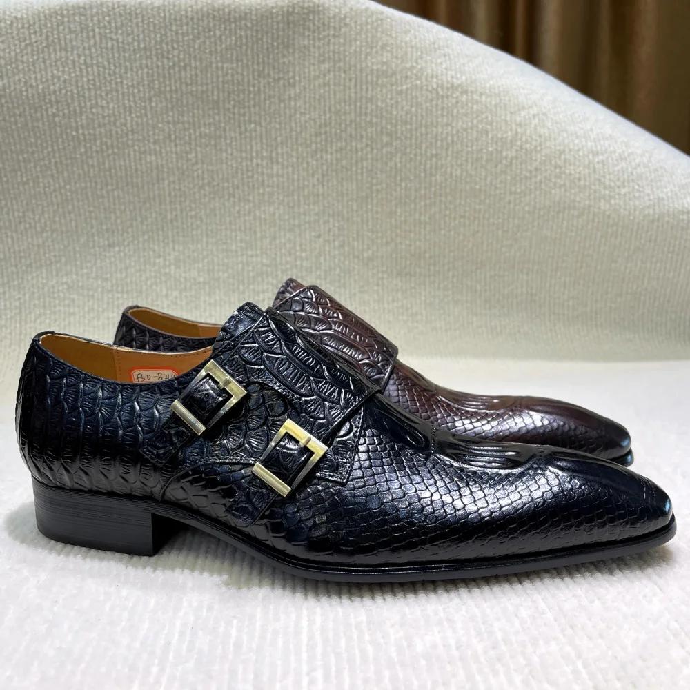 Fashion Men's Italian Genuine Leather Formal Oxford Shoes Python Crocodile Pattern Button Detailing for Office Party Wedding Footwear