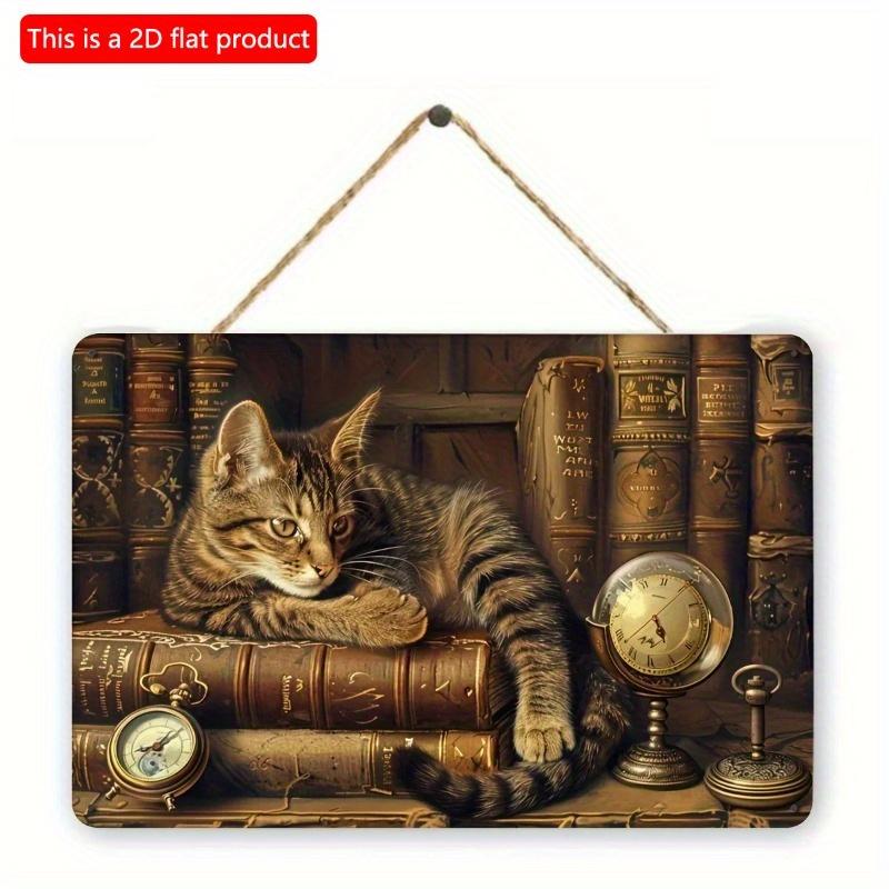 2D Flat Wooden Sign 30*20cm Vintage Cat In Book Wooden Sign | Indoor/Outdoor Wall Decor for Home, Bedroom, Bar, Cafe, Library & Garage