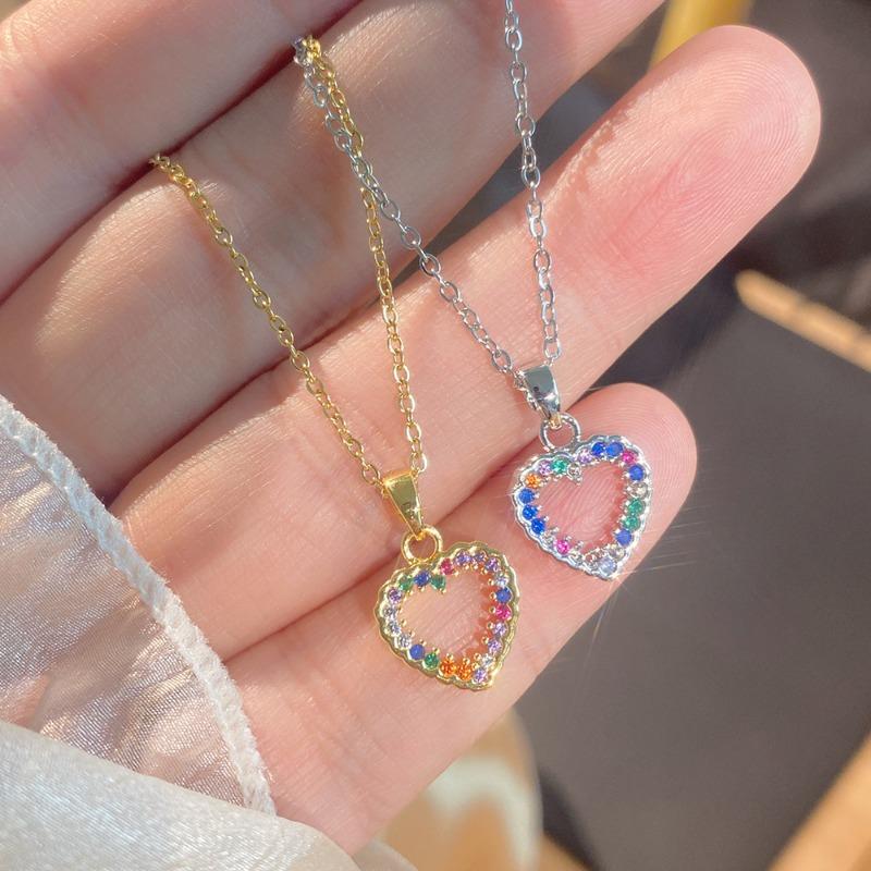 Women Colorful Full Zircon Heart Shaped Titanium Steel Clavicle Necklace