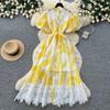 French Light Luxury Lace Patchwork Chiffon Foral Printed Long Dress Women's Puff Sleeve Single Breasted Belt Lace Up Dress