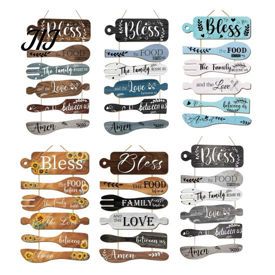 Distressed Kitchen Wall Art Rustic Wooden Hanging Sign for Decor, Cutlery Design Dining Room with Inspirational Family Slogan & Lanyard Farmhouse Home