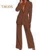2 Pcs/Set Women Suit Coat Pants Set Deep V Neck Lapel Single Button Closure Mid Length Cardigan Long Sleeve Jacket Straight Trousers Lady Formal