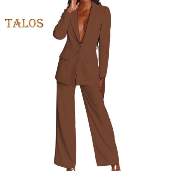 2 Pcs/Set Women Suit Coat Pants Set Deep V Neck Lapel Single Button Closure Mid Length Cardigan Long Sleeve Jacket Straight Trousers Lady Formal