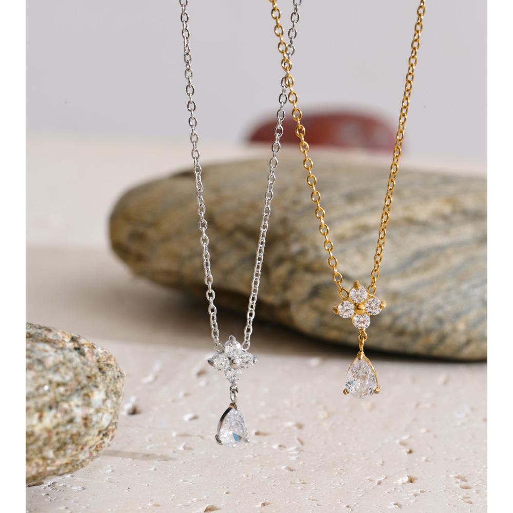 Yhpup Stainless Steel Flower Cubic Zirconia Drop Necklace Delicate Fresh Summer Collar Chic Jewelry for Women Waterproof Gift