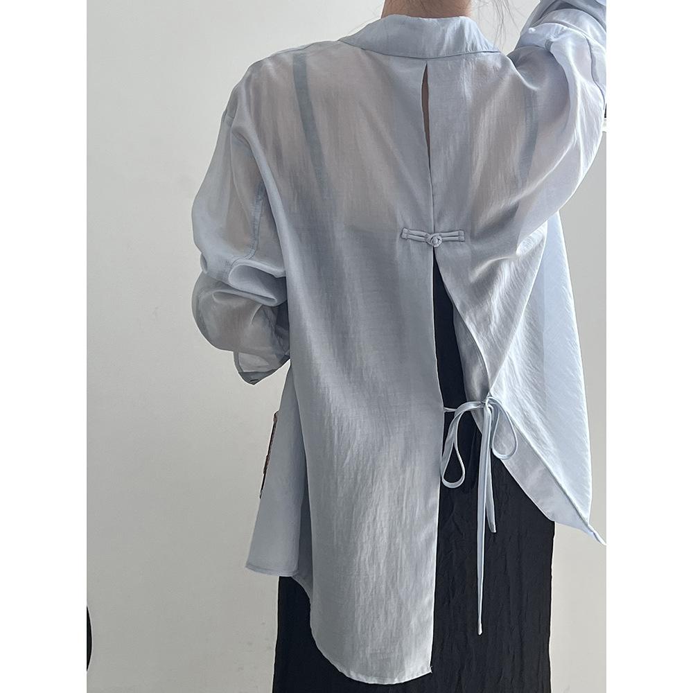 Chinese Plate Button Lightweight Sun Shirt Women's Summer Back Split Blouse Tops