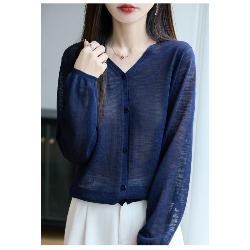 Women S V Neck Thin Knit Cardigan Summer Solid Color Sun Protection Casual Top